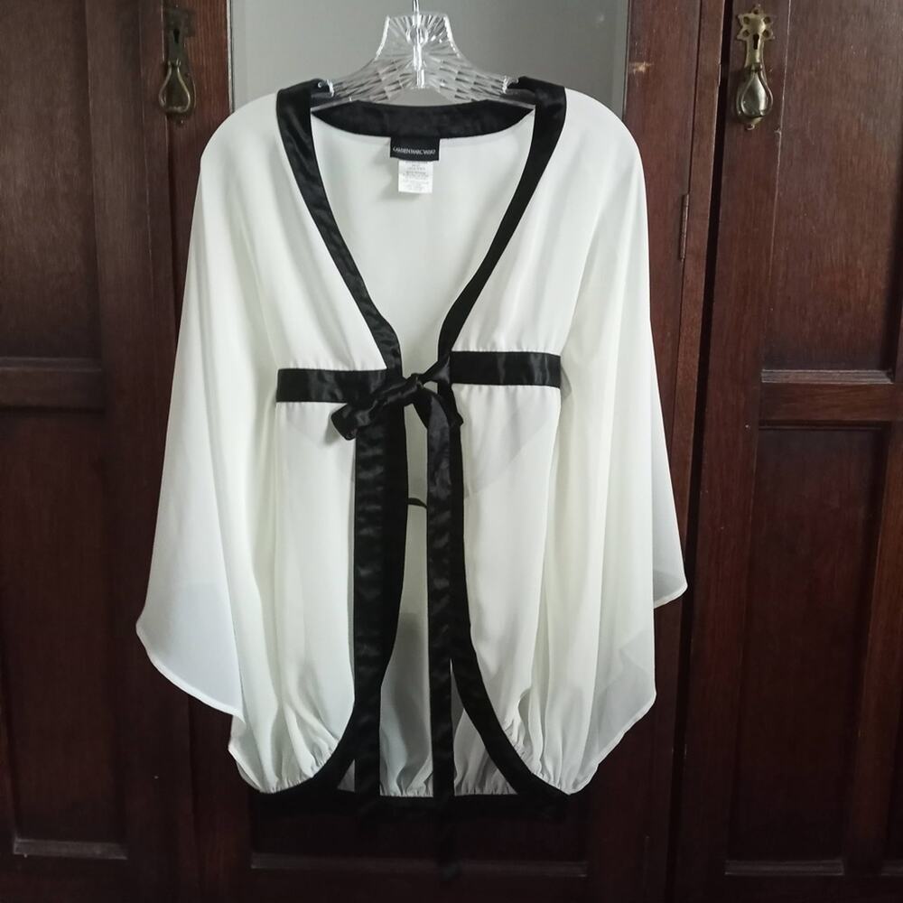 CARMEN MARC VALVO Tie Front Top Cover Up OS Angel Sleeve Cream Black Sheer